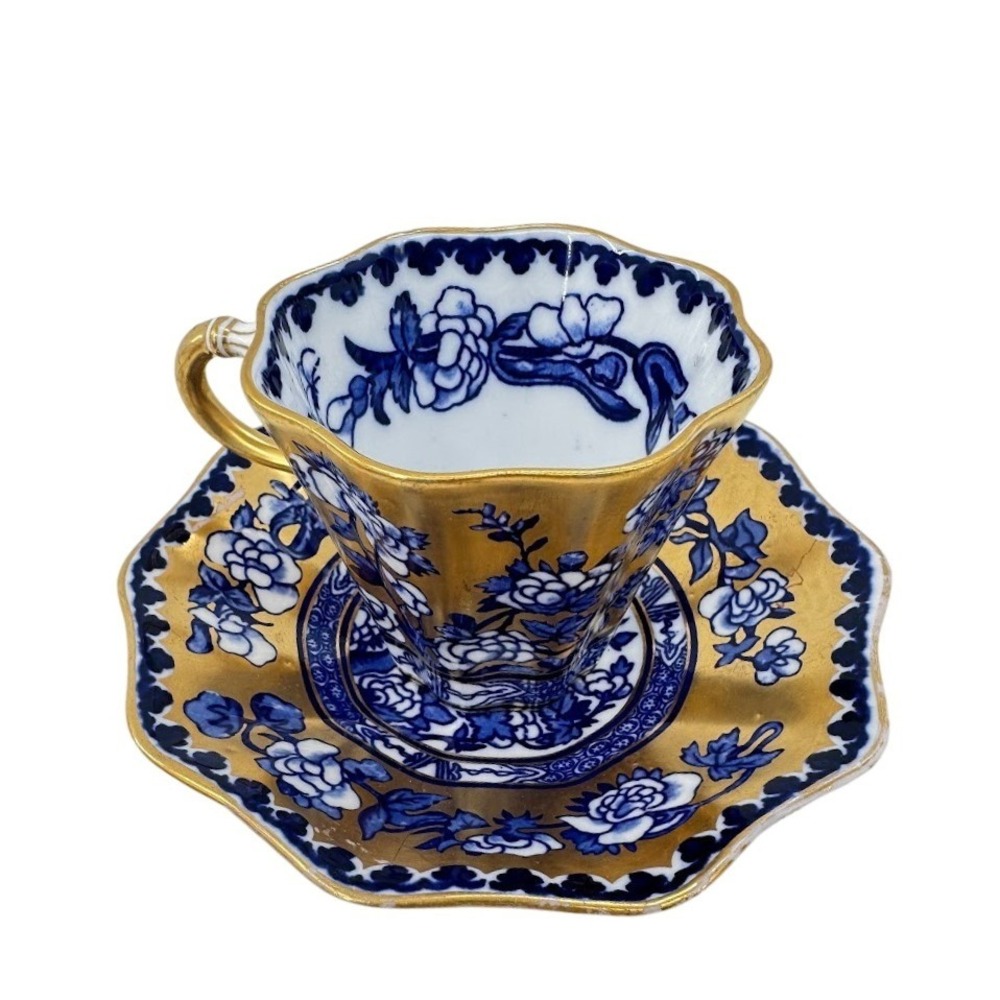 Coalport Antique Flow Blue Gold Gilded Floral Teacup and Saucer Set England